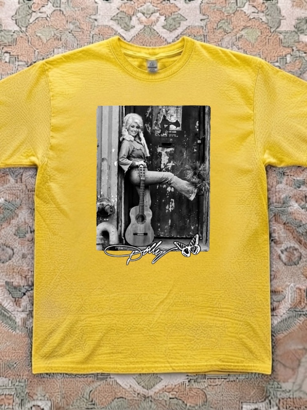 Dolly Parton Guitar Doorway Butterfly Signature Vintage Yellow T-Shirt